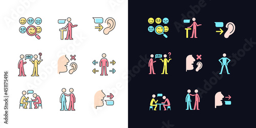 Effective communication light and dark theme RGB color icons set. Socialization. Assertive speaker. Isolated vector illustrations on white and black space. Simple filled line drawings pack