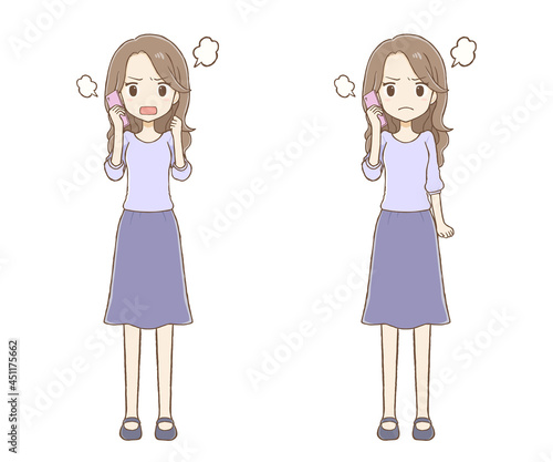 携帯電話で話すロングヘア女性 怒った顔　ポーズ2種類