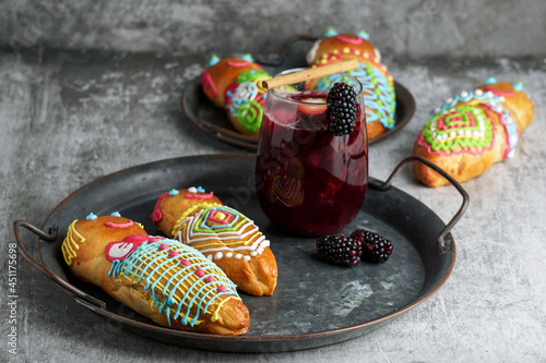 Guagua and colada morada for day of the dead, guagua de pan, wawas de pan, bread of the dead in Bolivia, Ecuador, Peru