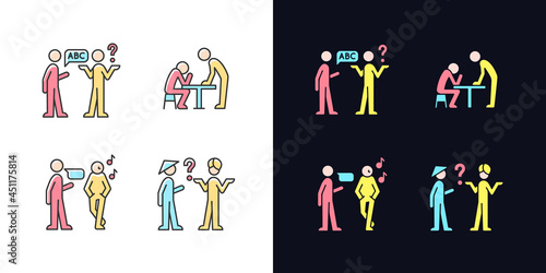 Communicating information effectively light and dark theme RGB color icons set. Language, cultural barriers. Isolated vector illustrations on white and black space. Simple filled line drawings pack
