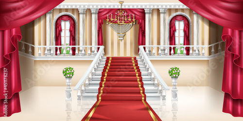 Palace interior vector background, luxury castle room, royal ballroom hall, arch window, red curtain. Marble pillar, classic staircase, balustrade, gold chandelier, carpet. Palace interior banner photo