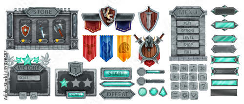 Stone game UI vector set, rock medieval menu frame, sign board, gemstone button, knight flag, shield. Fantasy RPG panel kit, user interface design element, victory badge, store window. Stone game icon