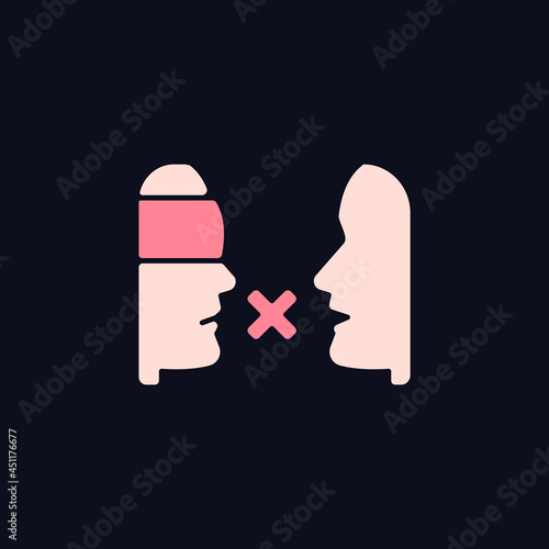 Biases RGB color icon for dark theme. Prejudice toward group. Impact on relationships. Closed-minded person. Isolated vector illustration on night mode background. Simple filled line drawing on black