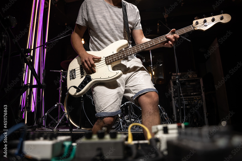 Fototapeta premium Close-up set of distortion effect pedals for guitar on stage.