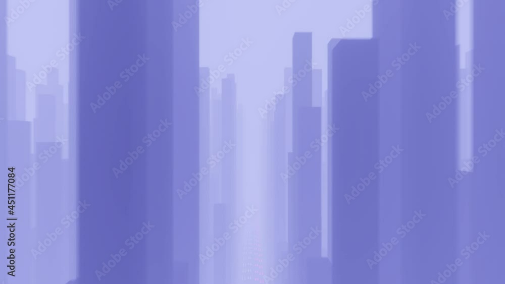 Camera flies through abstract foggy city. Seamless loop animation. 3d render. High quality 4k footage.