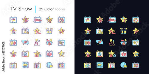 TV show light and dark theme RGB color icons set. Television entertainment. Media fun series. Isolated vector illustrations on white and black space. Simple filled line drawings pack