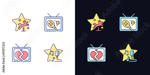 Television series genres light and dark theme RGB color icons set. Pet training. Soap opera. Open mic show. Isolated vector illustrations on white and black space. Simple filled line drawings pack