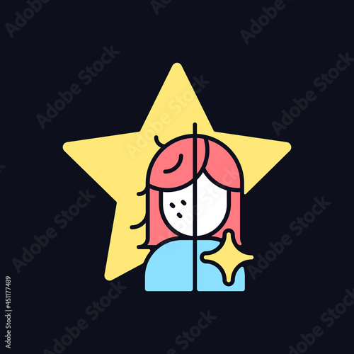 Transformation show RGB color icon for dark theme. Beauty makeover for women on television program. Isolated vector illustration on night mode background. Simple filled line drawing on black