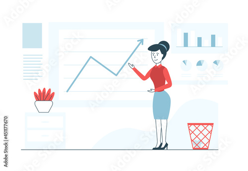 Coach providing a training or presentation for office workers engaged in trading or working on stock exchanges. Red and blue flat design for bussines video, website, app.