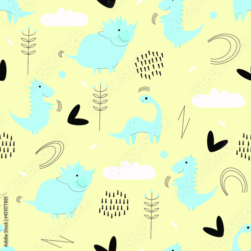 seamless pattern with dinosaur   hearts and clouds