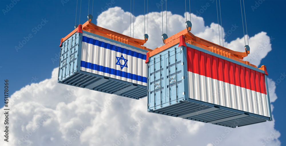 Freigth Containers with Israel and Indonesia national flags. 3D Rendering