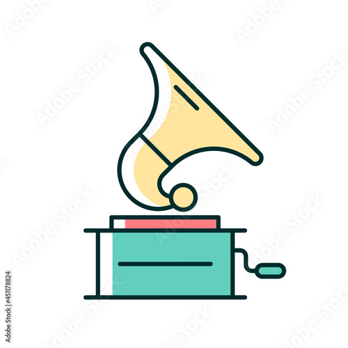 Gramophone RGB color icon. Phonograph records. Turntable device for mechanical sound reproduction. Home entertainment. Antique record player. Isolated vector illustration. Simple filled line drawing