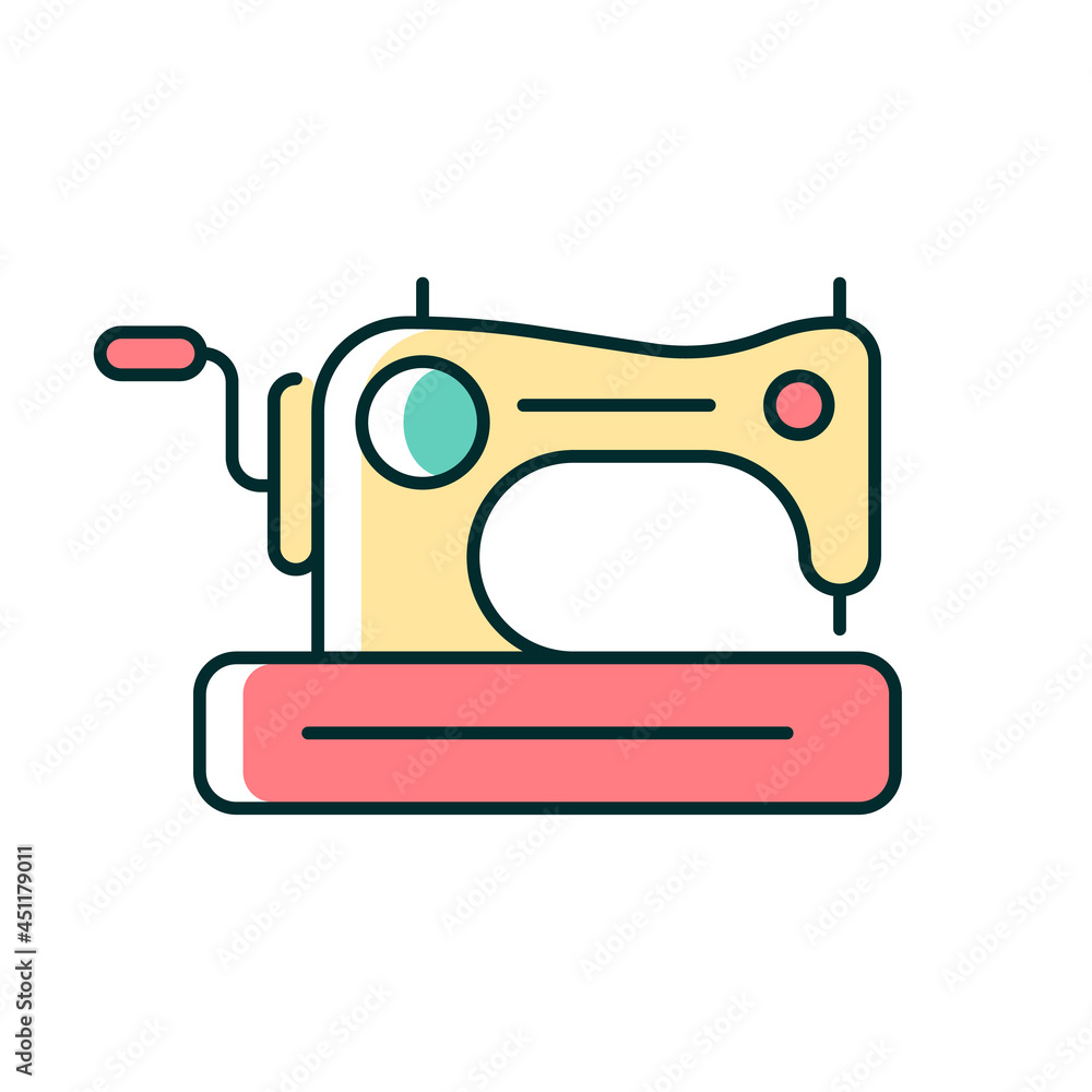 Antique sewing machine RGB color icon. Older device for stitching material. Collectible equipment with hand crank and treadle. Home appliance. Isolated vector illustration. Simple filled line drawing Antique sewing machine RGB color icon. Older device for stitching material. Collectible equipment with hand crank and treadle. Home appliance. Isolated vector illustration. Simple filled line drawing