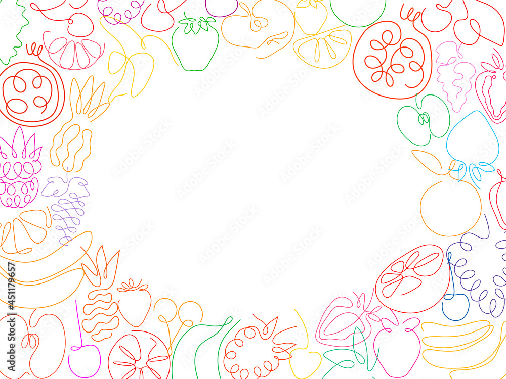 One line different fruits in the shape of frame with empty space isolated on a white backgrounds. Healthy vegetarian food set. Vector illustration.