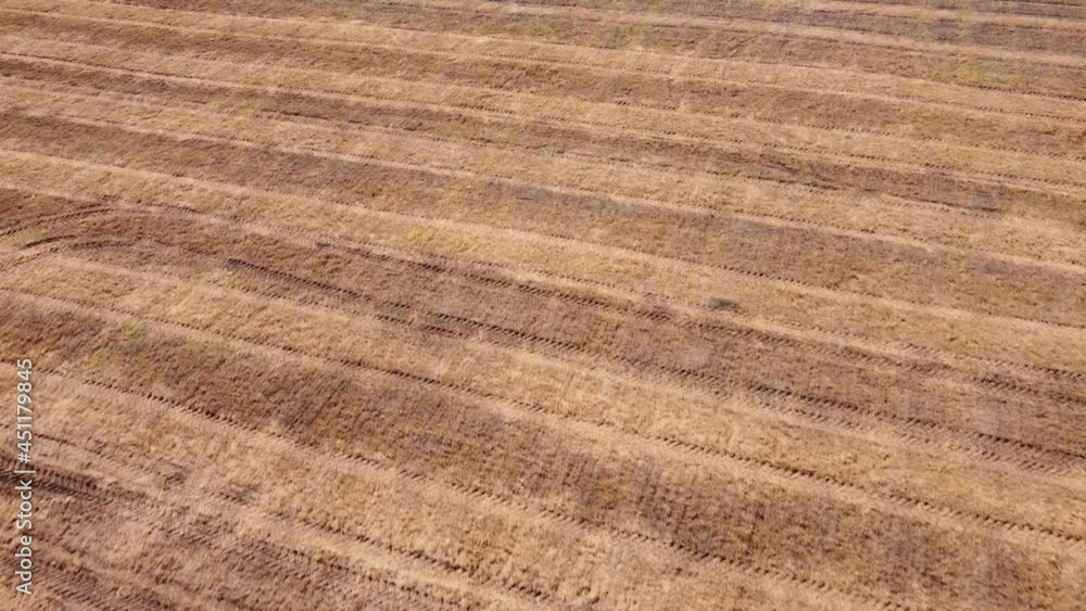 Flying over an empty field where crops were harvested. Aerial view of agriculture. Flying over an empty field where crops were harvested. Aerial view of agriculture.