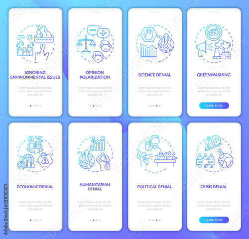 Climate skepticism gradient onboarding mobile app page screen set. Crisis denial walkthrough 4 steps graphic instructions with concepts. UI, UX, GUI vector template with linear color illustrations