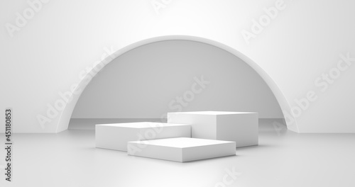 White product background and empty blank space abstract design template display on modern platform stage interior light backdrop podium scene with advertising stand showcase studio room. 3D rendering.