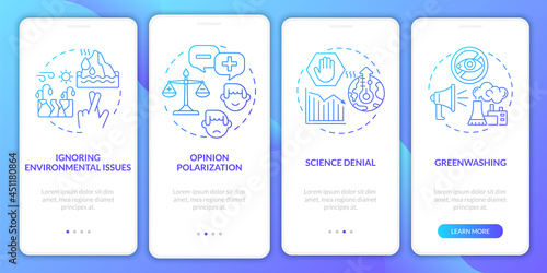 Greenwashing gradient onboarding mobile app page screen. Opinion polarization walkthrough 4 steps graphic instructions with concepts. UI, UX, GUI vector template with linear color illustrations