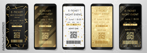 Admission e-ticket template set. Contemporary entrance ticket with line, star pattern on gold, black, white background. Design vector template for concert event, music performance, exhibition, show