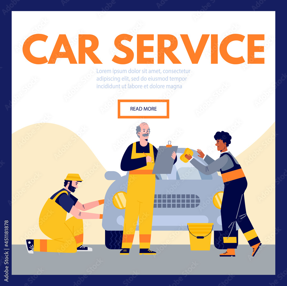 Vector flat illustration for user interface of car service site. Background with three mechanics who diagnose car. Vector flat illustration for user interface of car service site. Background with three mechanics who diagnose car.