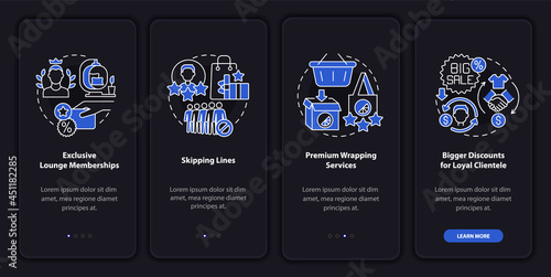 Loyalty program perks dark onboarding mobile app page screen. Customers perks walkthrough 4 steps graphic instructions with concepts. UI, UX, GUI vector template with linear night mode illustrations