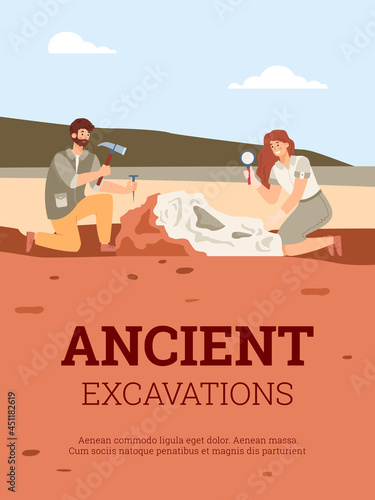 Ancient excavations banner or poster design, flat vector illustration.