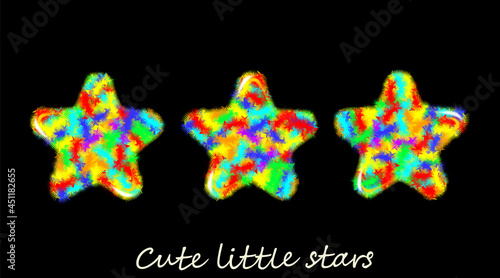 Motley set, multicolor fluffy stars, icon. Cute hairy furry design isolated on black background. Cartoon style objects for ui, app, interface, game development. Vector illustration.