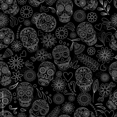 Day of the dead sugar skull pattern. Dia de los muertos print. Day of the dead and mexican Halloween. Mexican tradition  festival texture. Dia de los Muertos tattoo skulls on black background. photo
