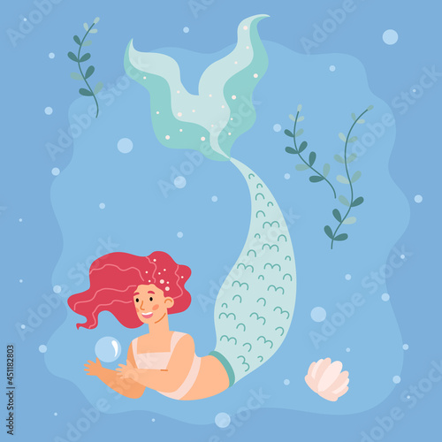 Mermaid fantasy cartoon character in undersea world, flat vector illustration.