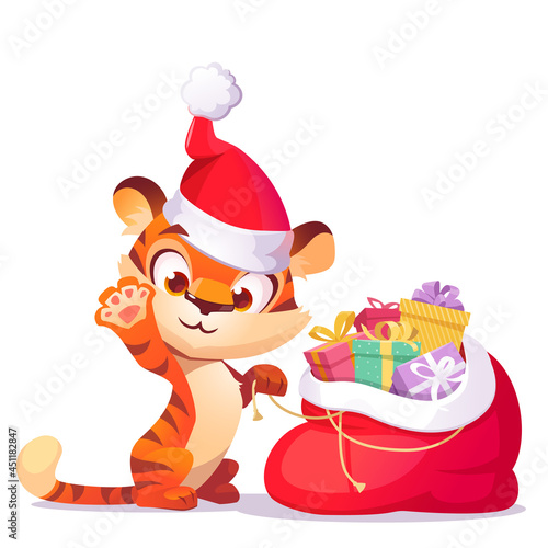 Cute tiger in in christmas hat with gift sack