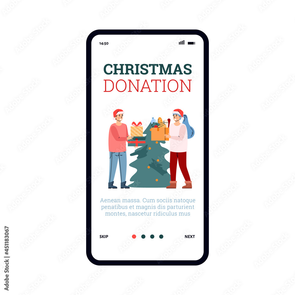 Christmas donation mobile page app responsive design, flat vector illustration. Christmas donation mobile page app responsive design, flat vector illustration.