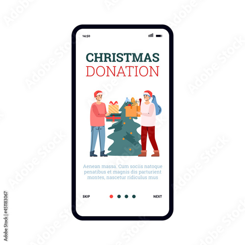 Christmas donation mobile page app responsive design, flat vector illustration.