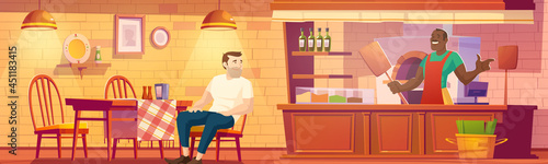 Visitor in pizzeria , man sit at cafe table, baker