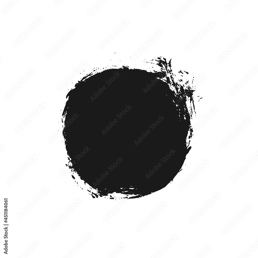 Vector black paint, ink brush stroke circle shape. Dirty grunge design round element or background for text. Grungy black smear and rough stain. Hand drawn ink illustration isolated on white.