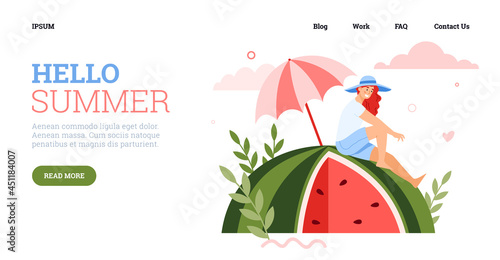 Web banner with happy girl sitting under sun umbrella on huge ripe watermelon.