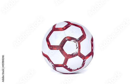 White futsal soccer ball with dark red hexagon stripes isolated on white background