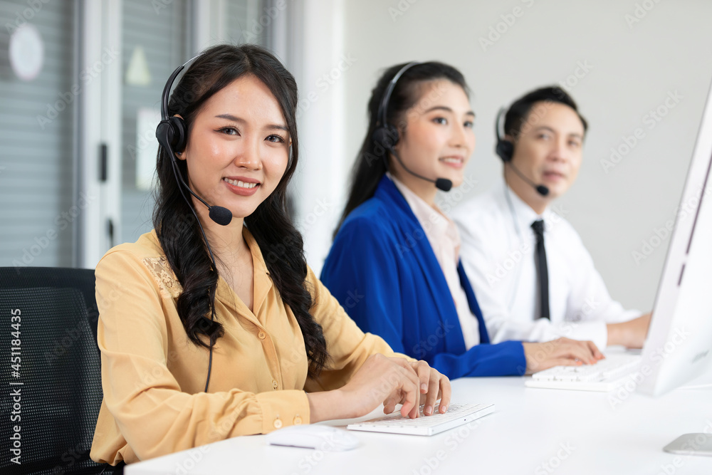 portrait woman operator wearing headphones for working at call center service portrait woman operator wearing headphones for working at call center service