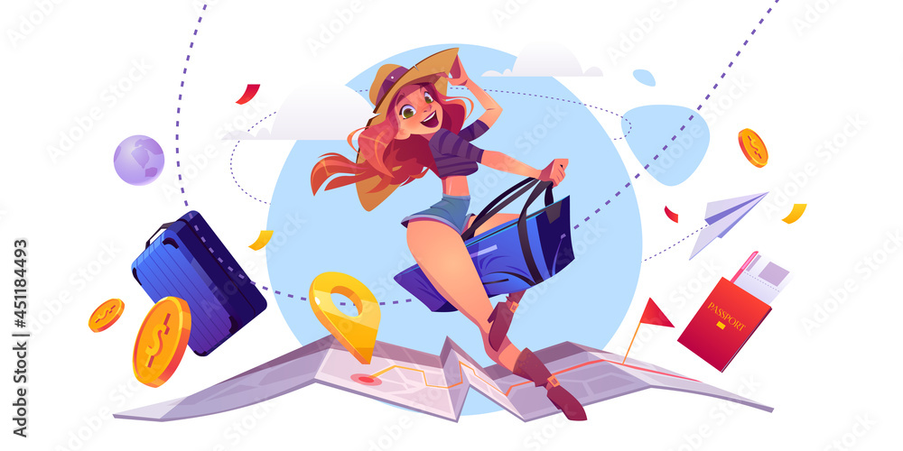 Summer travel concept, girl tourist riding luggage
