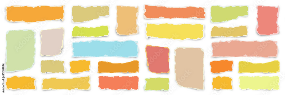 Ripped various colorful paper strips. Realistic crumpled paper scraps with torn edges. Shreds of notebook pages. Vector illustration.