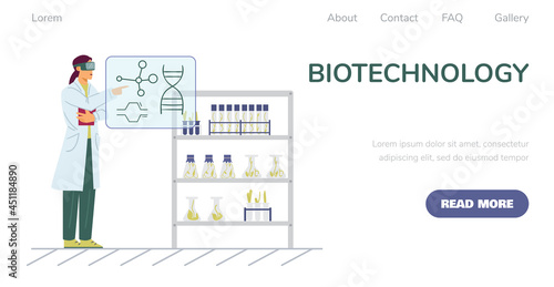 Biotechnology for plants breeding and medicine website flat vector illustration.