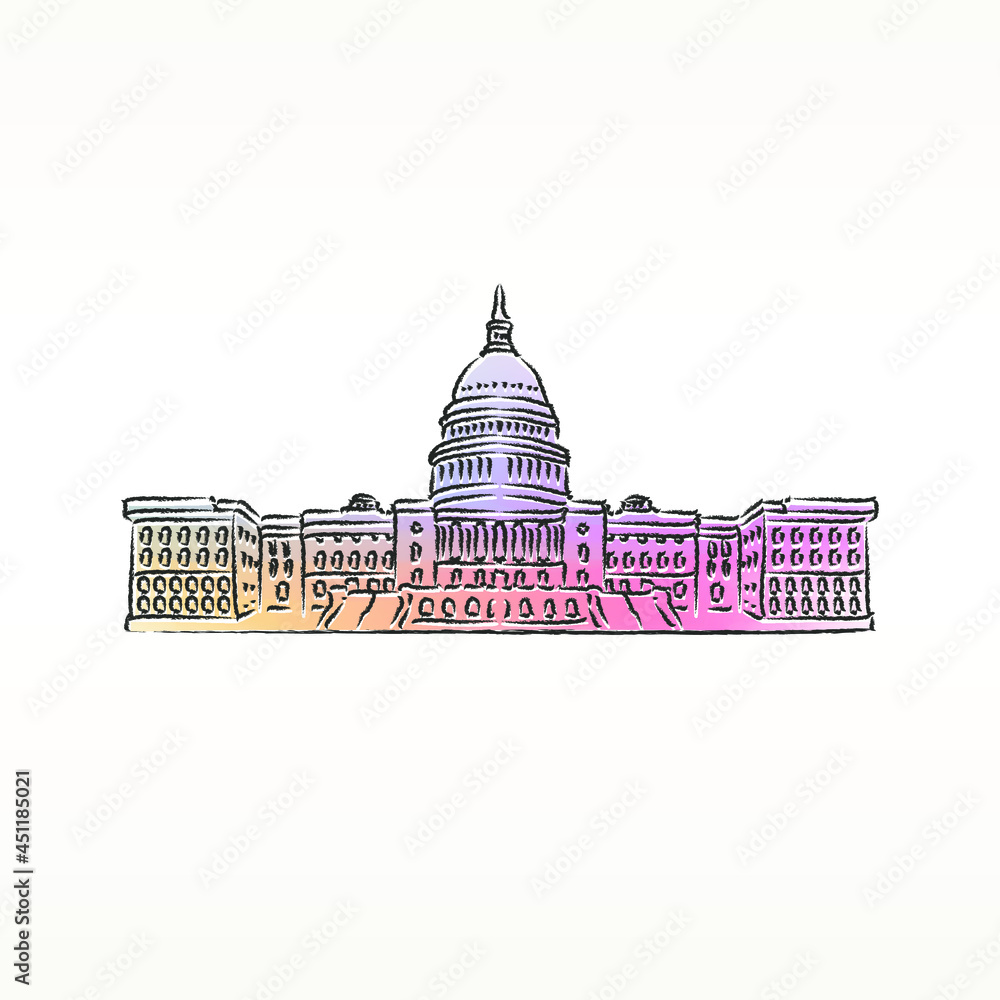 Watercolor Soft Capitol Hill, Washington, DC, USA Icon Vector Illustration. Design Artistic Paint Famous Monuments Symbol. 