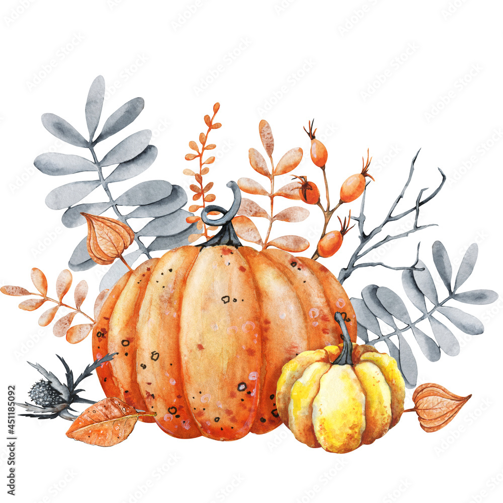 Pumpkin and fall leaves bouquet. Thanksgiving and Halloween design ...