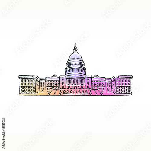 Watercolor Soft Capitol Hill, Washington, DC, USA Icon Vector Illustration. Design Artistic Paint Famous Monuments Symbol. 