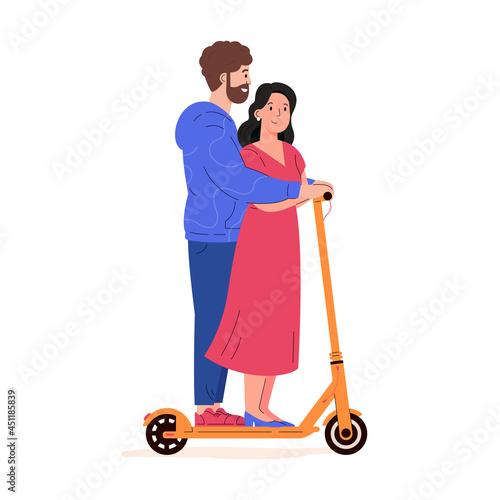 Couple rides together on a electric walk scooter. Man and woman driving e-scooter. Romantic walk. Alternative eco urban transport. Flat vector illustration isolated on white background 