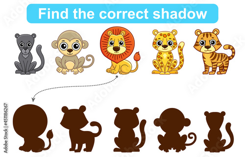 Find correct shadow. Kids educational game. Set of Forest and Zoo Animals to find the correct shadow. Simple gaming level for preschool kids