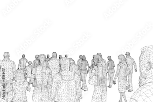 Wireframe crowd of people from black lines isolated on white background. 3D. Vector illustration