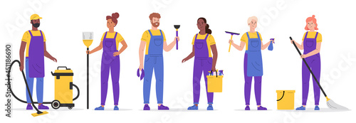 Set of cleaning company staff to work with the equipment. Cleaning service, people vacuuming and washing in uniform. Woman with buckets and mop,broom,wiper,plunger. Vector illustration in a flat style