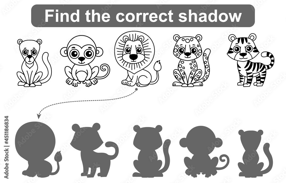Find correct shadow. Kids educational game. Set of Forest and Zoo Animals to find the correct shadow. Simple gaming level for preschool kids
