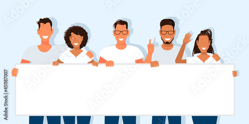 Happy smiling group of people holding empty blank placard or board standing together. Black and fair-skinned women and men. Vector illustration.