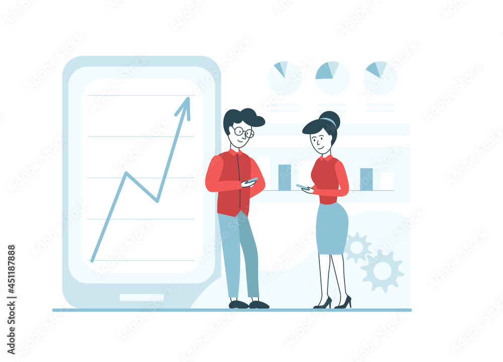 People earning money on their mobile phones. Stock exchange, graphics, diagrams, icons. Bussines style, flat, simple and informative. Good for web design.